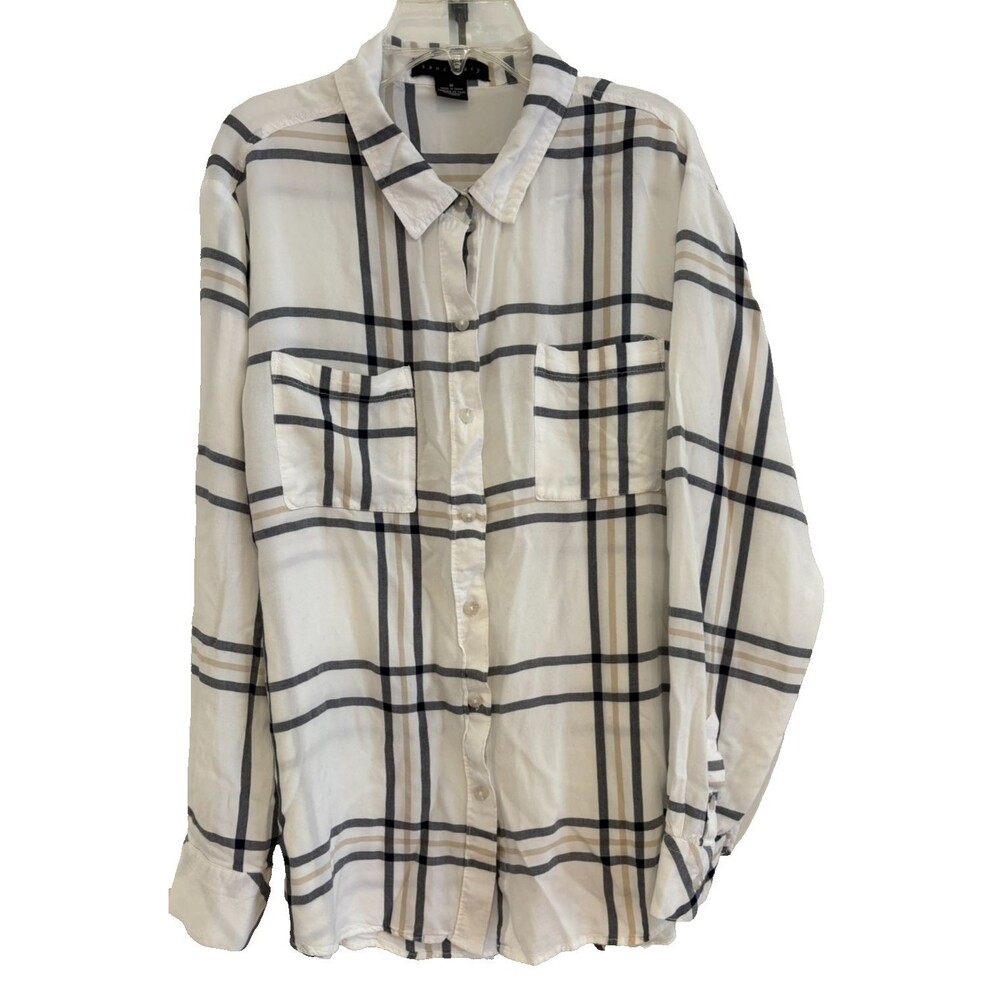 Sanctuary Shirt Women's MEDIUM Long Sleeve Back Tan Plaid Tunic Button-Up Beach